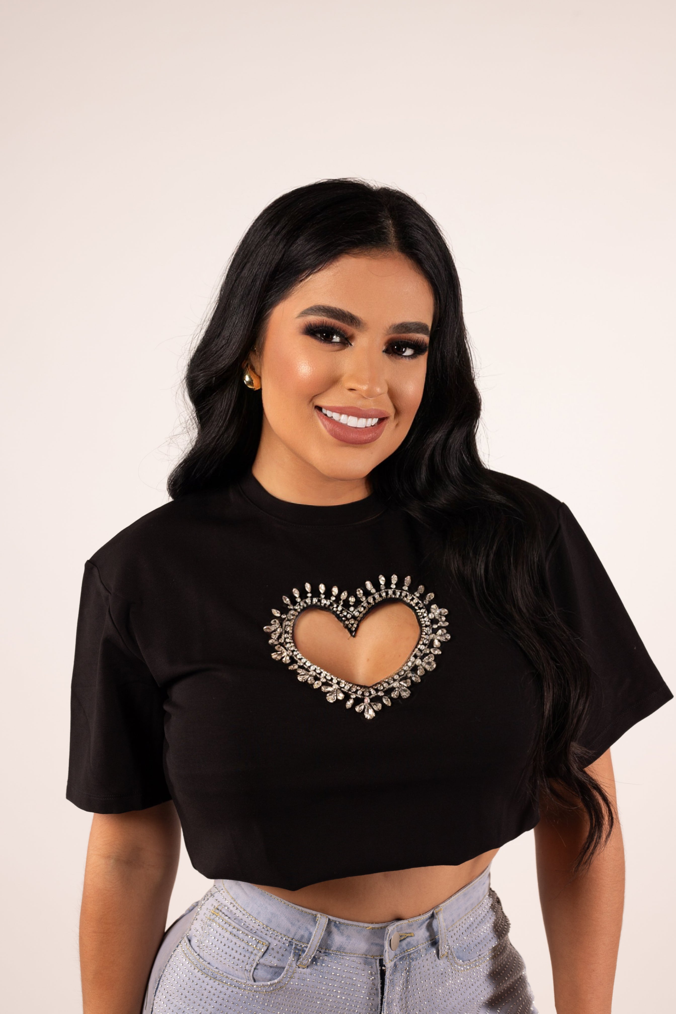 Midnight sparkle Rhinestone heart tee – Serrano's Boutique